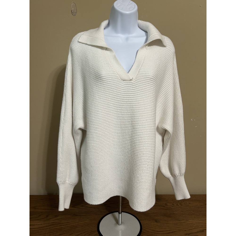 Zesica Women's Large Collared V‑Neck Super Soft Sweater White Size Large